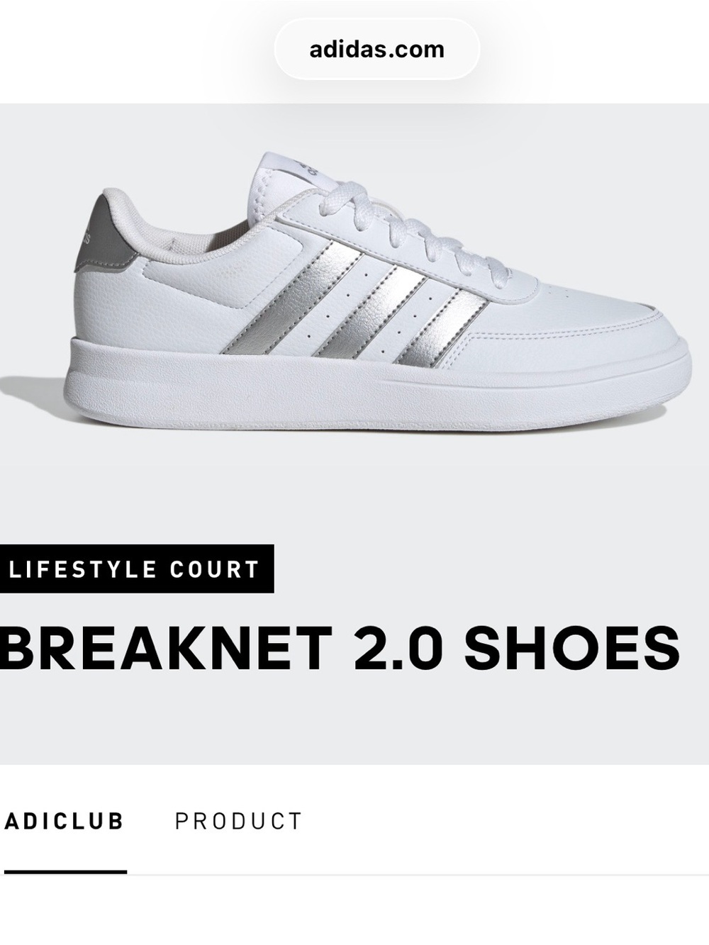 Adidas Breaknet 2.0 Women’s White & Silver Classic Sneakers, Size 11